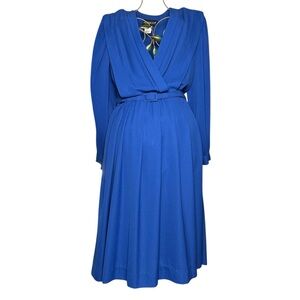 Plaza South Vintage 80s Blue Pleated Blouson Belted Shirt Dress - Womens Size 12